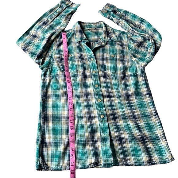 Duluth Trading Co. Women’s Teal Plaid Cotton Flannel Button Down Shirt, XS - Picture 8 of 8